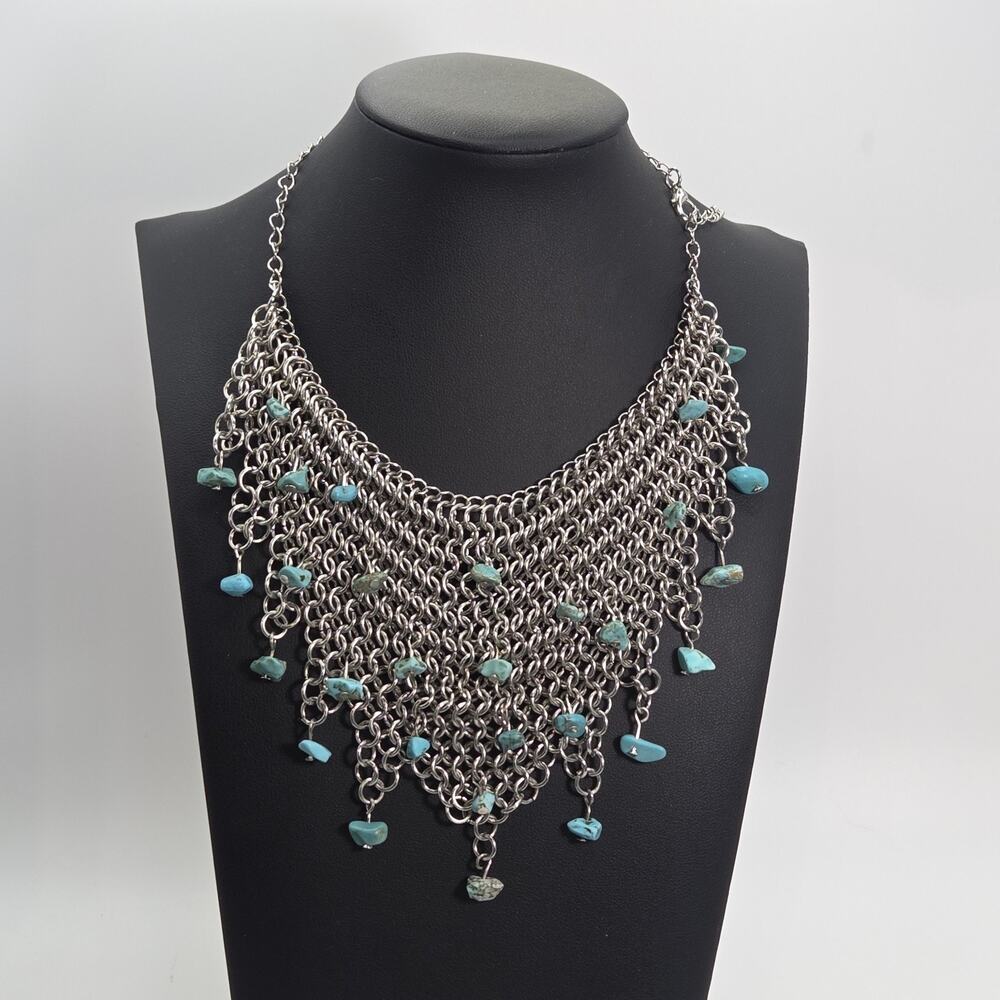 Vtg Chain Mail Silver Tone Bib Necklace with Turquoise Nuggets